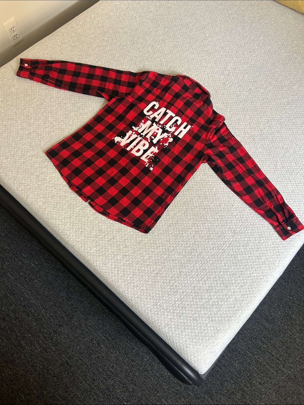 Red and Black Buffalo Plaid Button-Up with 'Catch My Vibe' Graphic